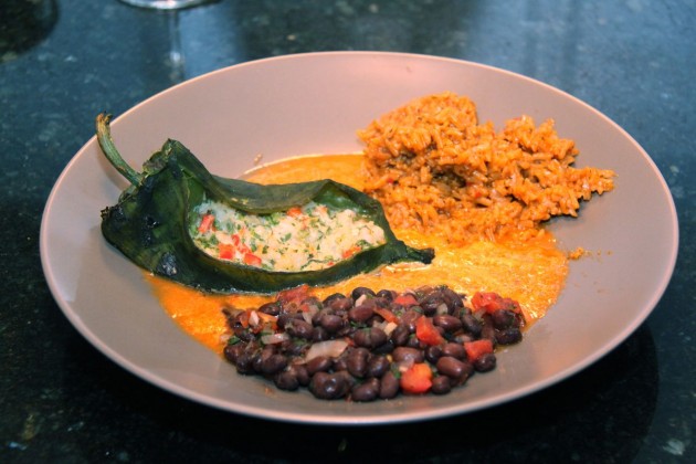 Shrimp Stuffed Poblano Chiles with Roasted Red Pepper Sauce