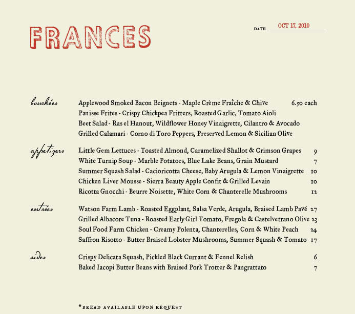 Frances Restaurant – all it’s cracked up to be