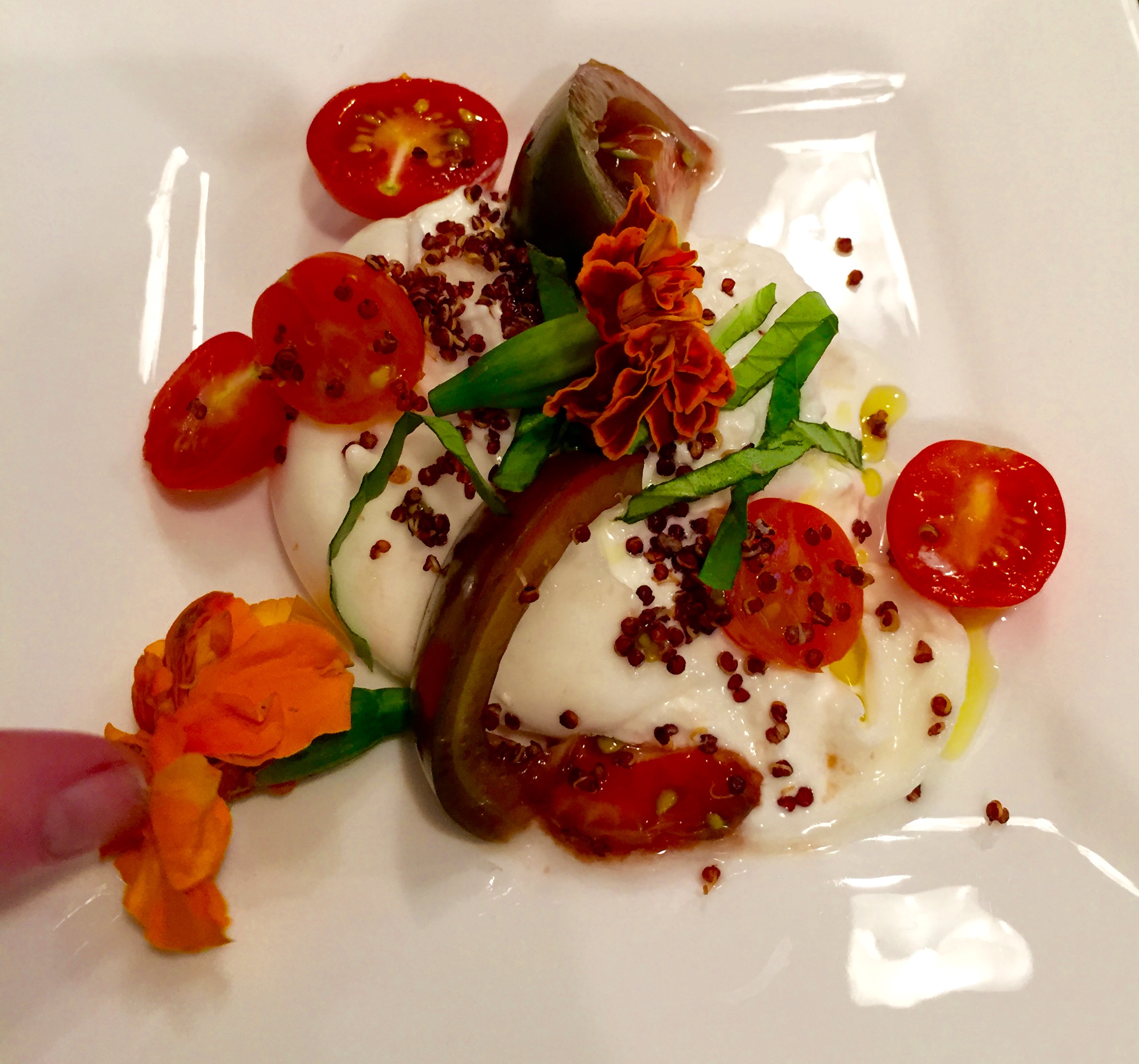 Burrata with Tomatoes, Edible Flowers and Crispy Quinoa