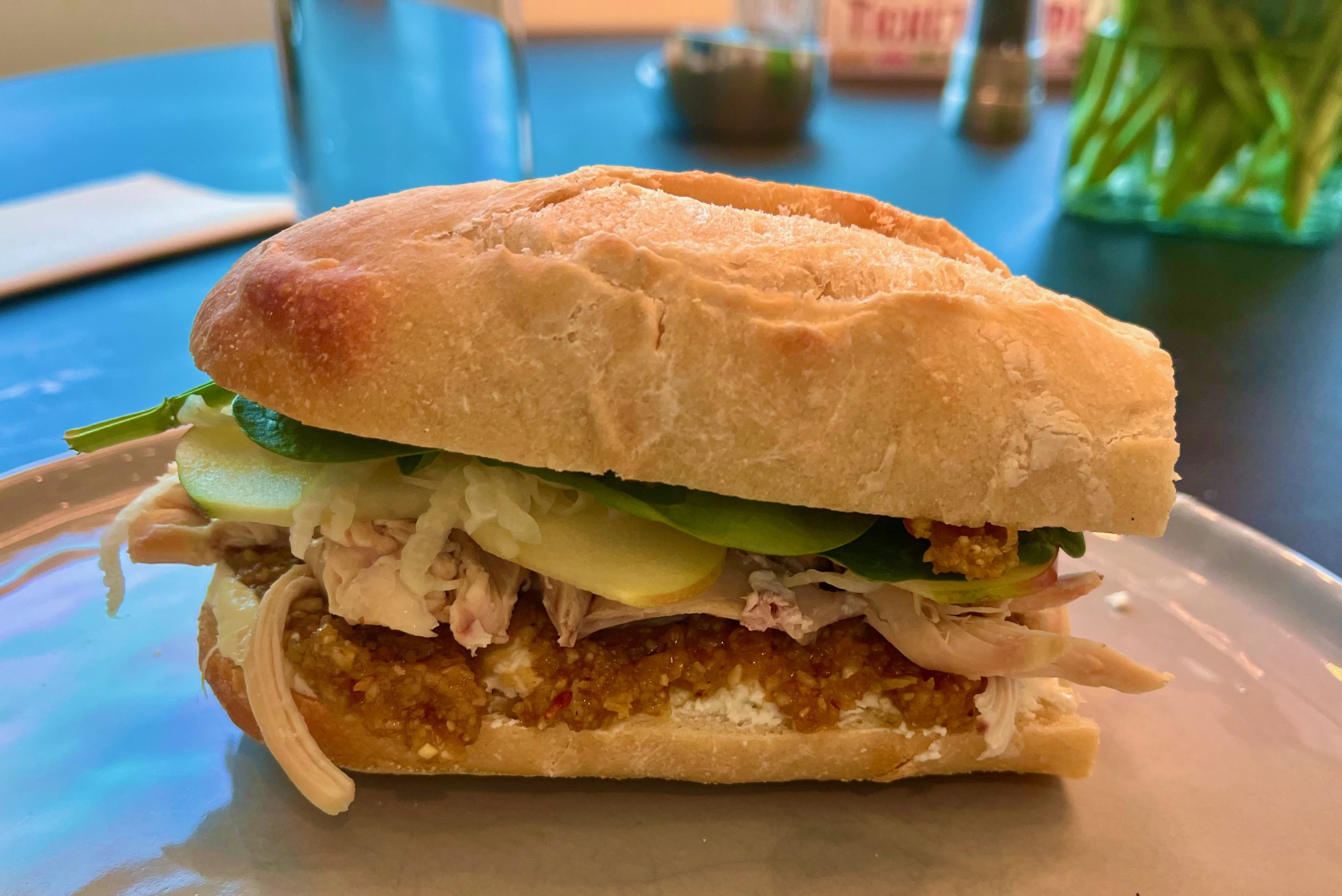 chicken, goat cheese, apple, fennel and spinach sandwich